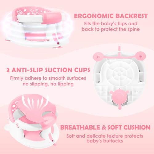 SMGZG Baby Bath Seat 6M+, Non-Slip Cushion, CPSC Certified, 5-Pc Set, Pink