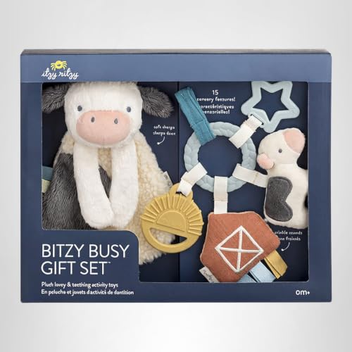 Itzy Ritzy Teething Toy Gift Set - Includes Cow Lovey & Barn-Themed Busy Ring Car Seat and Stroller Toy - Features Crinkle Sounds, Engaging Textures & Silicone Teething Relief (Farm)