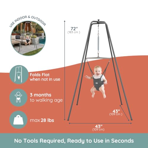 Jolly Jumper Elite (Grey) Baby Exerciser - Sturdy Frame, 6 ft Tall Stand Baby Jumper, Indoor and Outdoor Exercise Saddle Seat, Adjustable Height, for Infants up to 28 lbs