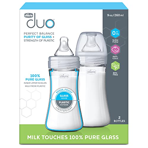 Chicco Duo 9oz Hybrid Baby Bottle, Real Glass Inside, Lightweight Plastic Outside, Patented Invinci-Glass Technology, Intui-Latch Nipple, 2-Pack, Clear/Grey