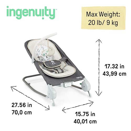 Ingenuity Gas Relief and Anti-Colic Baby Bouncer Seat and Rocker, Gentle Belly Massage to Relax and Soothe Bellies, Instant Tummy Soother, 20 Songs and Melodies – Parker