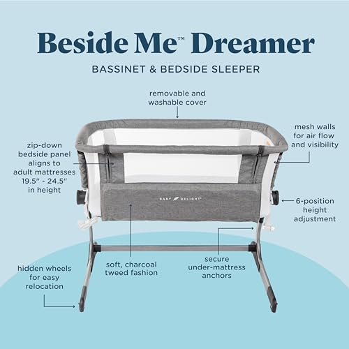 Baby Delight Beside Me Dreamer Bassinet | Bedside Sleeper | 6-Position Height Adjustment | Charcoal Tweed