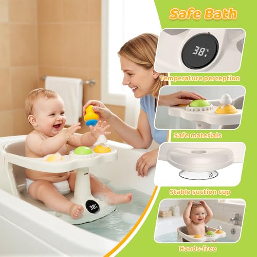 Baby Bath Seat for 8-18 Months, Non-Slip Toddler Bath Chair with Suction Cups & Temperature Display, Ergonomic Infant Bath Seat with Toy Tray, BPA-Free Baby Bath Tub Seat for Sitting Up