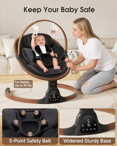 Baby Swings for Infants, Electric Infant Swing with 5 Speed Modes, 5-Point Harness, 3 Timer Settings, Built-in Songs & Bluetooth, Portable Modern Swing for Indoor & Outdoor (Black)