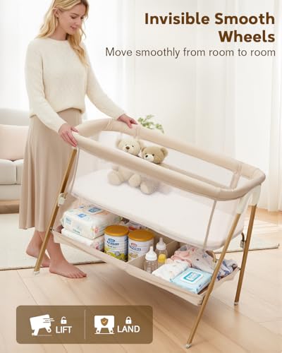 JevrJeur Baby Bassinet, Bedside Bassinet for Baby, Bassinet Bedside Sleeper with Mattress, Storage Basket and 4 Auto-Lock Wheels, Full-Mesh Sides, Bedside Mini Crib for Newborn (Beige)