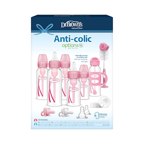 Dr. Brown's Anti-Colic Options+ Narrow Bottle Gift Set with Sippy Straw Bottle, HappyPaci Silicone Pacifiers, Storage/Travel Caps, and Bottle Brush, Pink
