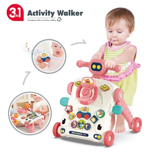 Asou Baby Walker 3 in 1 Sit to Stand Walker With Activity Table and Center for Newborn Toddler (Pink)