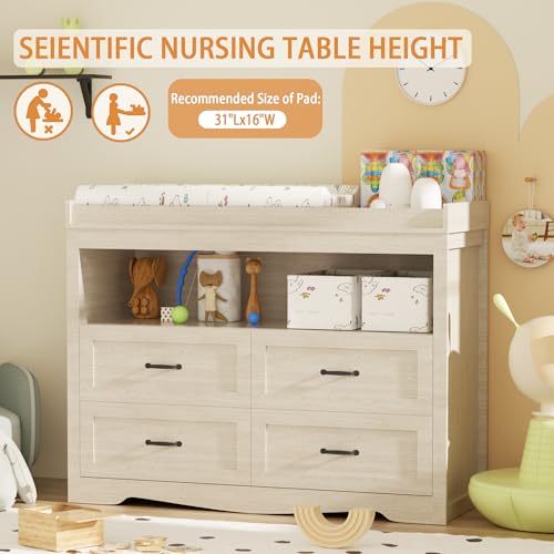 QUNTTINA Baby Changing Table with Changing Table Top for Infants Nursery Dresser Chest with 4 Drawers Storage Changing Station Dresser with LED Light Diaper Changing Station Nursery Organizer,Beige