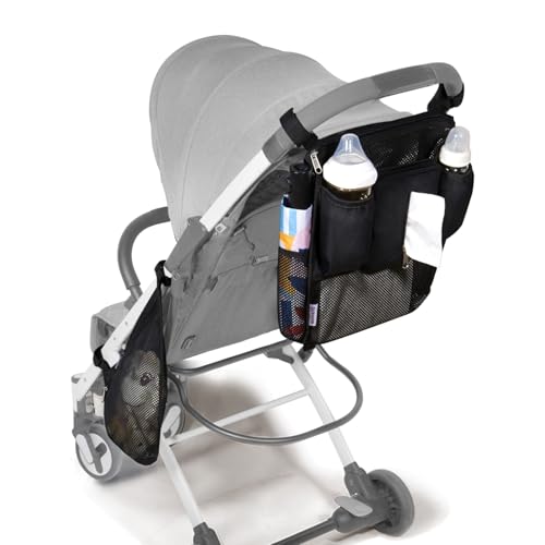 SUNVENO 2-pack Universal Stroller Organizer Caddy with Cup Holders, Wipes Pouch and Extra Storage, Zippered Mesh Side Sling for Pushchair, Black