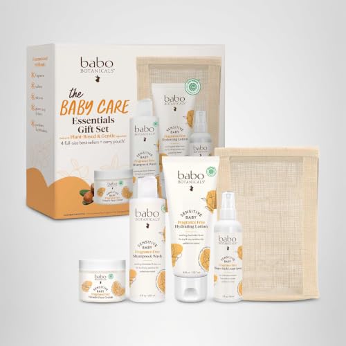 Babo Botanicals Baby Care Essentials Gift Set - Skincare, Bath & Diaper - For Delicate Skin, Fragrance-Free with Shea Butter, Includes Reusable Carry Pouch - Natural & Plant Based - 5 Items Set