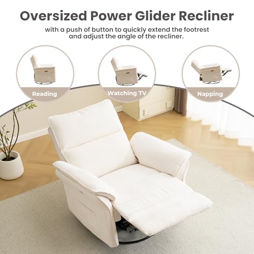 RUTOX Oversized Rocking Chair Nursery with Massage and Heat, Glider Recliner Nursery Chair with Adjustable Headrest, Power Swivel Rocker Recliner Chair with USB Port, White