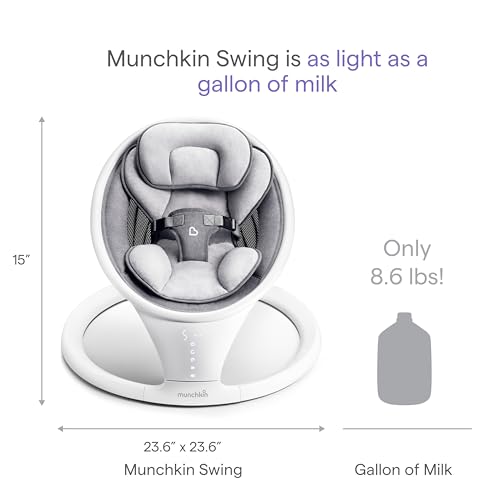 Munchkin Electric Baby Swing, Portable and Lightweight, Bluetooth Enabled Infant Rocker with Natural Sway in 5 Ranges of Motion, Newborn Nursery Essentials, White/Grey