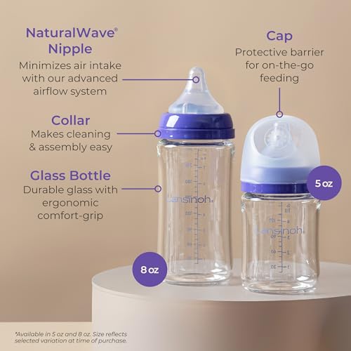 Lansinoh Anti-Colic Glass Baby Bottles, 5 Ounces, 4 Count, Includes 4 Extra Slow Flow Nipples (Size XS, Newborn), Baby Essentials