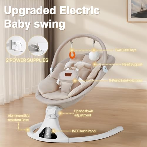 Baby Swing, Electric Infant Swing with Remote Control, 5 Speed Adjustable, Machine Washable Cushion, 5 Point Safety Harness, Bluetooth Music, Portable Baby Swing (Beige)