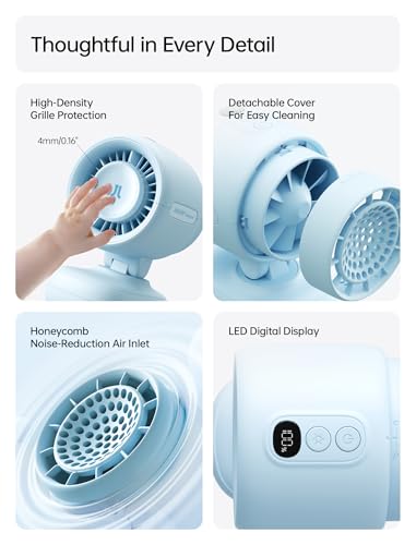 JISULIFE 2026 Stroller Fan – Small & Stylish with 38H Cooling, Soft Night Light, One‑Click Detachable for Stroller or Desk, Safe Baby Fan for Crib Car Seat Nursery Travel, Gifts for Baby Mom (Blue)
