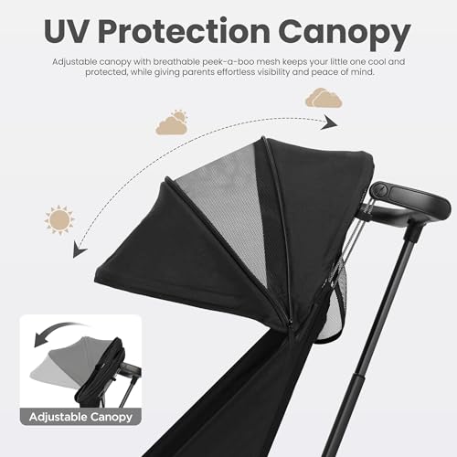 QPlay Travel Stroller for Baby & Toddlers Ages 6 Months to 4 Year Old – 9.48lbs Lightweight & Ultra-Compact Umbrella Stroller with One-Hand Fold, Airplane Carry-on Size, Reclining Seat (Black)