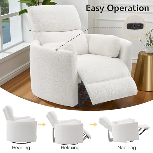 Jocisland Power Recliner Nursery Chair for Adults, Electric Swivel Rocking Glider with USB & Type-C Charge, Teddy Sherpa Armchair with 2 Pillows, Cozy Reclining Sofa for Living Room, Bedroom, White