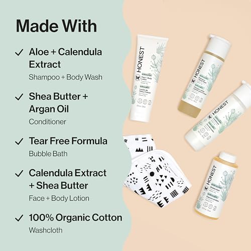 The Honest Company Fragrance-Free Bathtime Gift Set, Hypoallergenic, Bath Essentials for Sensitive Skin, Shampoo and Body Wash, Face Lotion, Bubble Bath, Conditioner, Wash Cloth