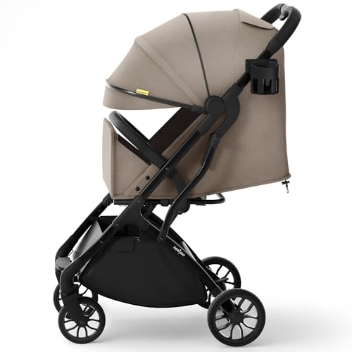 newyoo GlideTow TR18M Travel Stroller, Compact Foldable Baby Stroller with Retractable Handle, Cup Holder, One-Hand Fold, Near Flat Recline Seat, Brown
