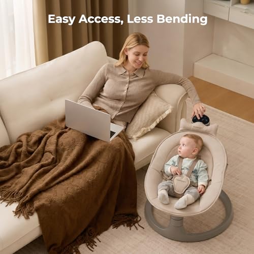 Momcozy 2-in-1 Electric Baby Swing, Dual-Arm Support System & Parent-Inspired Motions, Convertible to Toddler Seat up to 66 lbs, Adjustable Height, Lightweight, Khaki