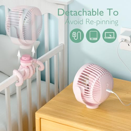 Momcozy 8000mAh Portable Stroller Fan, 27H Ultra-long Battery Life Detachable 4 Speed 360°Rotate LED Night Light with 2 Modes, USB Rechargeable Handheld Cooling Fan for Travel/Car Seat/Bedroom