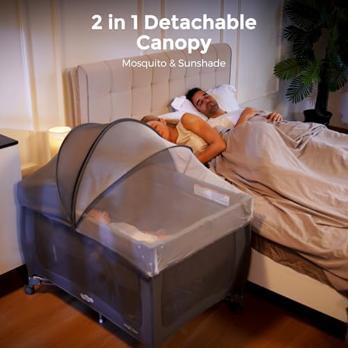 Pamo Babe 7 in 1 Pack and Play with Bassinet, Portable Crib with Mattress, Diaper Changer, Magic Fold™ One-Step Quick Setup Playard, Mosquito Net, Zipper Door, Toy Arch for Newborn to Toddler
