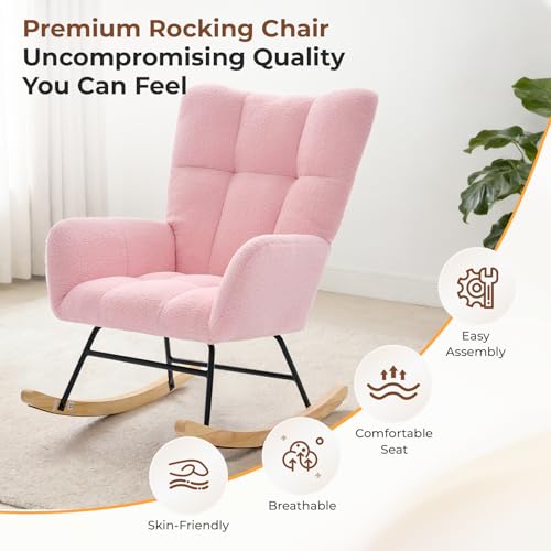 DUMOS Nursery Rocking Chair Teddy Upholstered, Comfy Glider Rocker with High Backrest Armchair Padded Seat, Accent Side Chair for Living Room Bedroom Offices Small Spaces Indoor, Pink