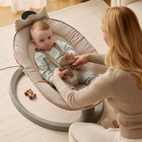 Momcozy 2-in-1 Electric Baby Swing, Dual-Arm Support System & Parent-Inspired Motions, Convertible to Toddler Seat up to 66 lbs, Adjustable Height, Lightweight, Khaki