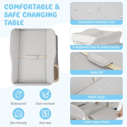 BABY JOY Portable Baby Changing Table, Foldable Diaper Changing Station w/Wheels, Adjustable Height, Large Storage Rack, Water Basin, Safety Belt, Mobile Nursery Organizer for Newborn Infant (Gray)