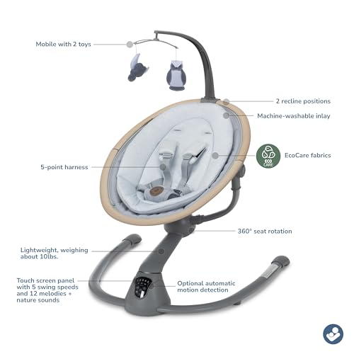 Maxi-Cosi Cassia Smart Baby Swing for Infants, Portable, Foldable Infant Swing with Music, 360 Rotation, 5 Speeds, 12 Melodies, EcoCare Fabric, Auto Motion Sensor, 2 Reclines, Classic Slate