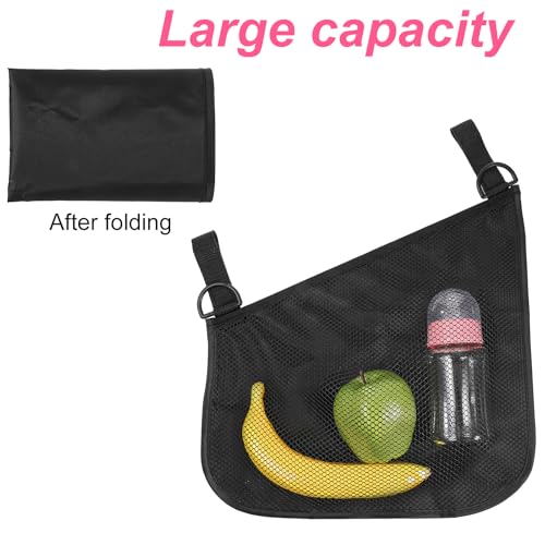 WJIAAA 2 Pack Side Sling Stroller Organizer, Universal Portable Side Sling Stroller with Mesh Cargo Net, Black Adjustable Mesh Storage Bag with Non-Slip Straps for Extra Cargo Space