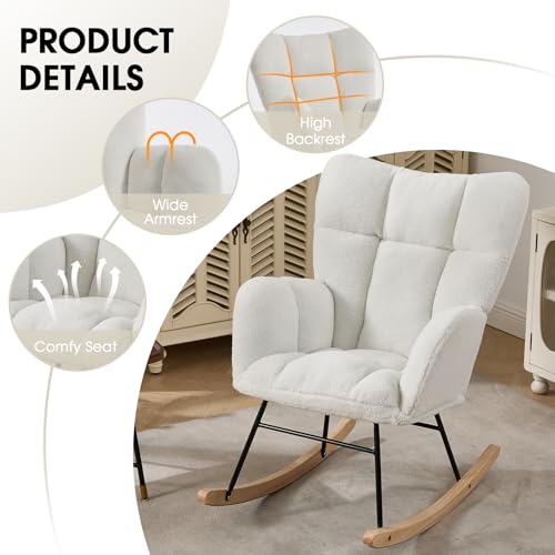 Wryxplor Nursery Rocking Chair, Teddy Upholstered Glider Chair with Thick Cushion, Tufted Gliding Rocker Chair with Wood Leg, Cozy Rocking Armchair, Accent Rocking Chair for Living Room (Ivory)