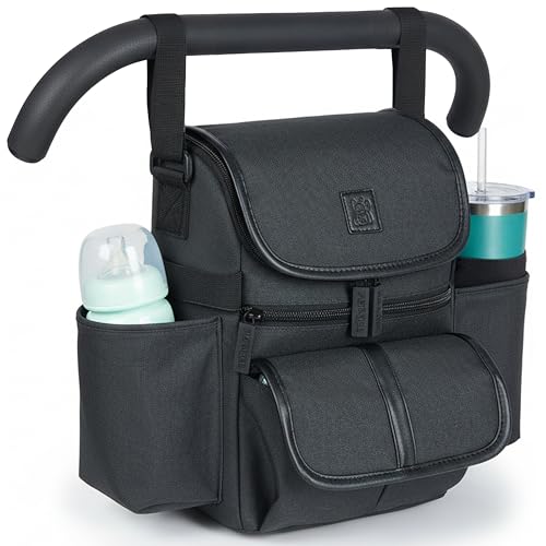 NT·hut Baby Stroller Organizer, Stroller Caddy , 2 Wide Cup Holders & Stability Bottle Straps, Adjustable Shoulder Strap, Fits 11" Tablet, Magnetic Pocket, YKK Zippers & Mesh Pockets, Waterproof