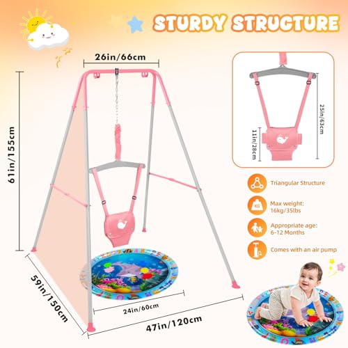 Baby Jumper with Stand for 6-24 Months, Baby Exerciser for Active Babies, Toddler Jumper Bouncers for Baby Girl/Boy with Adjustable Chain, Suitable for Indoor and Outdoor, Water Mat Included(Pink)