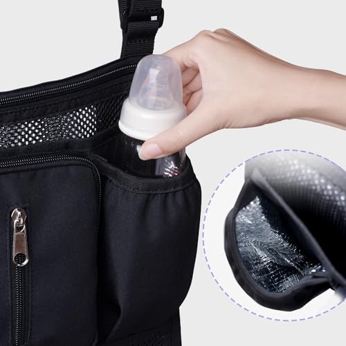 SUNVENO 2-pack Universal Stroller Organizer Caddy with Cup Holders, Wipes Pouch and Extra Storage, Zippered Mesh Side Sling for Pushchair, Black