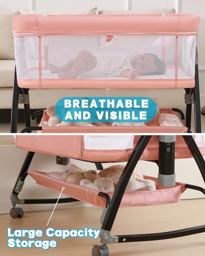 Bedside Bassinet for Baby, 3 in 1 Breathable Mesh Baby Bassinet, 6 Height Adjustable, Easy to Assemble, Bassinet Bedside Sleeper with Wheels, Mosquito Net, Storage Basket, Bassinets for Newborn Baby