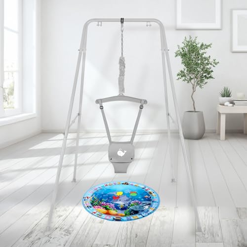 Baby Jumper with Stand, Baby Jumpers and Bouncers for Indoor and Outdoor Play, Toddler Jumper Suitable for 6-24 Months Infants, Easy to Assemble & Store, Water Mat Included (Gray)