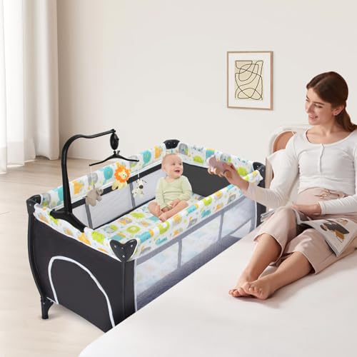 ANNA QUEEN 4 in 1 Pack and Play,Portable Baby Crib Deluxe Nursery Center, Foldable Travel Playard,Adjustable Canopy,Music Box,Changing Table for Newborn, Infant,Toddler