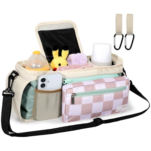 ERRUI Universal Stroller Organizer with Insulated Cup Holders and Detachable Phone Bag,Stroller Caddy Fits for Stroller Accessories like Uppababy, Baby Jogger, Doona, Nuna Stroller (Green Square grid)