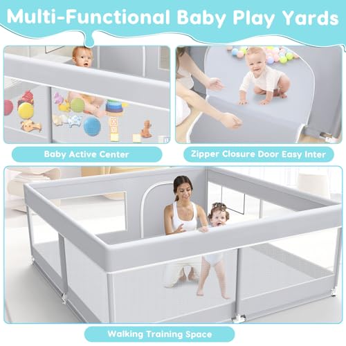 Fshibila Baby Playpen, 50x50 Inch Baby Playard for Babies and Toddlers, Play Pens for Indoor & Outdoor, Sturdy Safety Play Yard with Soft Breathable Mesh, Anti-Fall, Grey