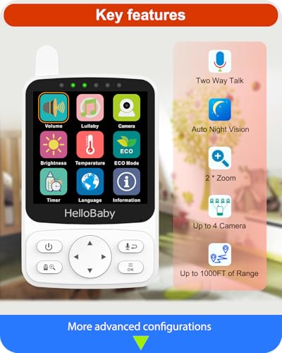 HelloBaby No WiFi Baby Monitor with Voice-Activated Night Vision,4" IPS Camera and Audio, 2-Way Talk and PTZ, 26H Battery and 1000ft Range, Portable for Nursery and Travel