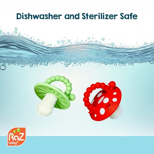 RaZbaby Soft Silicone Infant & Baby 3M+ Teether Toy Massaging Bristles Teething Relief Pacifier - Soothes Sore Gums - Hands-Free & Easy-to-Hold Chompy Teether, BPA Free (RED/Blue)