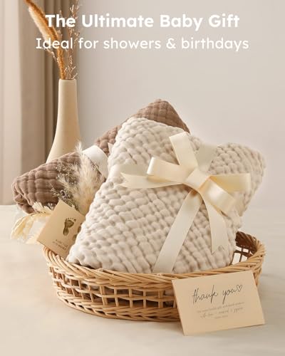Yoofoss Hooded Baby Towels for Newborn 2 Pack 100% Muslin Organic Cotton Baby Bath Towel with Hood for Babies, Infant, Toddler and Kids, 32x32Inch, Soft and Absorbent Newborn Essential, Beige&Coffee