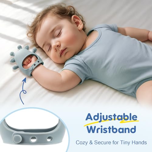 TOHIBEE 2 Packs Baby Teething Toys for 0-6 6-12 Months, Food Grade Silicone Adjustable Cow Teething Mitten, Chew Teether Toys for Teething Pain Relief, Baby and New Born Essentials, Blue & White