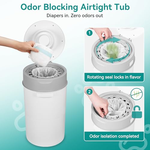 13L Odor Lock Diaper Pail, Baby Diaper Bin with Double Odor Lock & 177 in Refill Bag Roll & Sealed Lid, Compact Nursery Trash Can Portable Diaper Disposal Pail for Baby Room Home Travel (Grey)