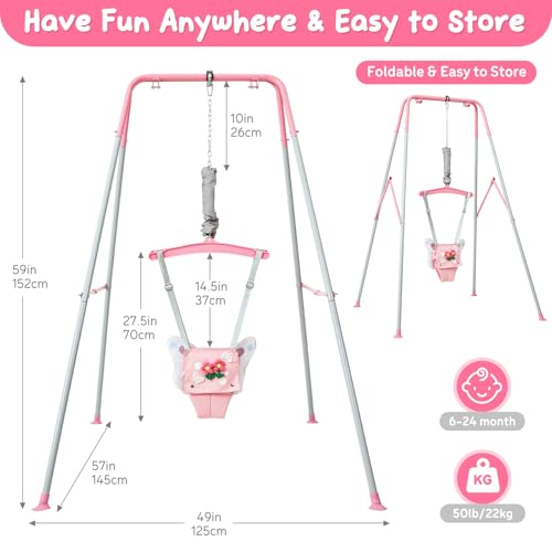 FUNLIO Baby Jumper with Stand for 6-24 Months, Infant Jumper for Indoor/Outdoor Play, Toddler Jumper for Baby Girl/Boy, with Adjustable Chain, Easy to Assemble & Store (with Stand) - Pink Butterfly