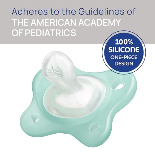Chicco PhysioForma Dual Soft Orthodontic Pacifier for Babies 0-2 Months, 100% Soft Silicone, Supports Breathing, One-Piece Design, Included Sterilizing Case, BPA Free, 2-Pack, Seafoam