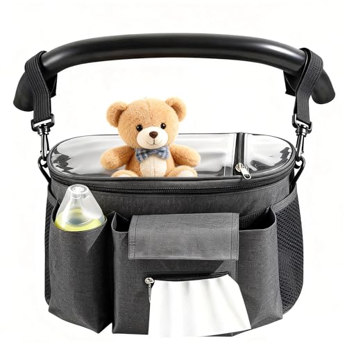 Smlper Stroller Organizer with Insulated Cup Holders - Universal Stroller Caddy Bag Fits for Uppababy, Baby Jogger, Nuna - Detachable Shoulder Strap & Large Storage for Diapers, Wipes (Grey)