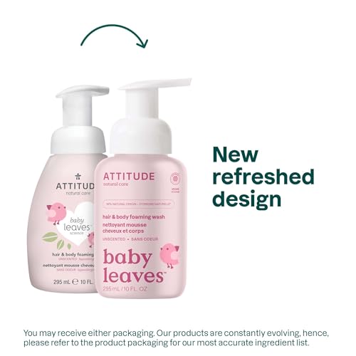 ATTITUDE 2-in-1 Hair and Body Foaming Baby Wash, EWG Verified Shampoo Soap, Dermatologically Tested, Made with Naturally Derived Ingredients, Vegan, Unscented, 10 Fl Oz