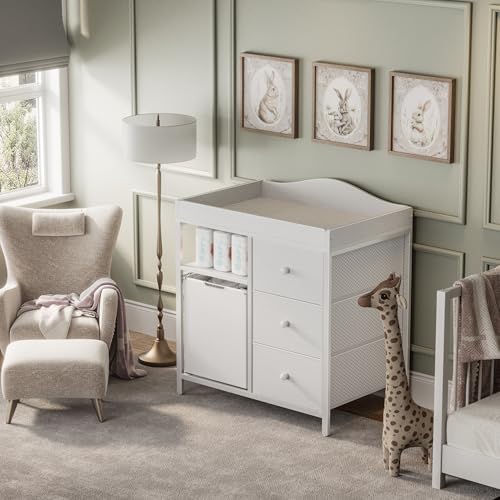 BOLUO White Changing Table with 3 Fabric Drawers and Laundry Hamper, Baby Dresser with Changing Table Top, Nursery Diaper Changing Station with Storage Modern